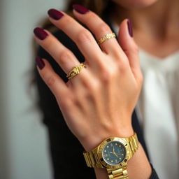 A close-up of a stylish and elegant hand adorned with maroon nails, showcasing a luxurious gold watch on the wrist and several intricate gold rings on the fingers