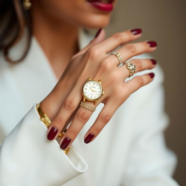 A close-up of a stylish and elegant hand adorned with maroon nails, showcasing a luxurious gold watch on the wrist and several intricate gold rings on the fingers