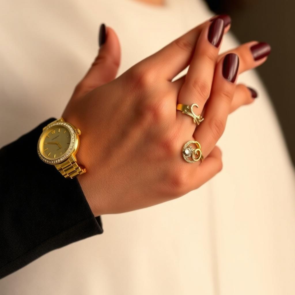 A close-up of a stylish and elegant hand adorned with maroon nails, showcasing a luxurious gold watch on the wrist and several intricate gold rings on the fingers