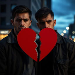 A poignant scene featuring two men standing close together, visibly distressed due to heartbreak