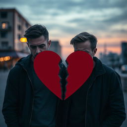 A poignant scene featuring two men standing close together, visibly distressed due to heartbreak
