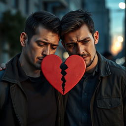 A poignant scene featuring two men standing close together, visibly distressed due to heartbreak