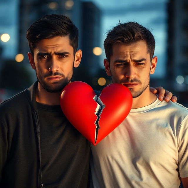 A poignant scene featuring two men standing close together, visibly distressed due to heartbreak