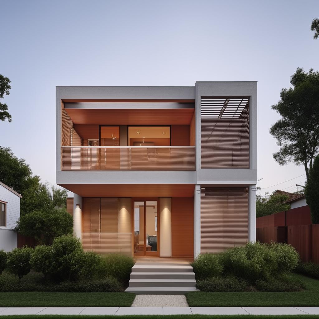 A simple two-story house with four windows on the front elevation. The architectural design should be neat and appealing.