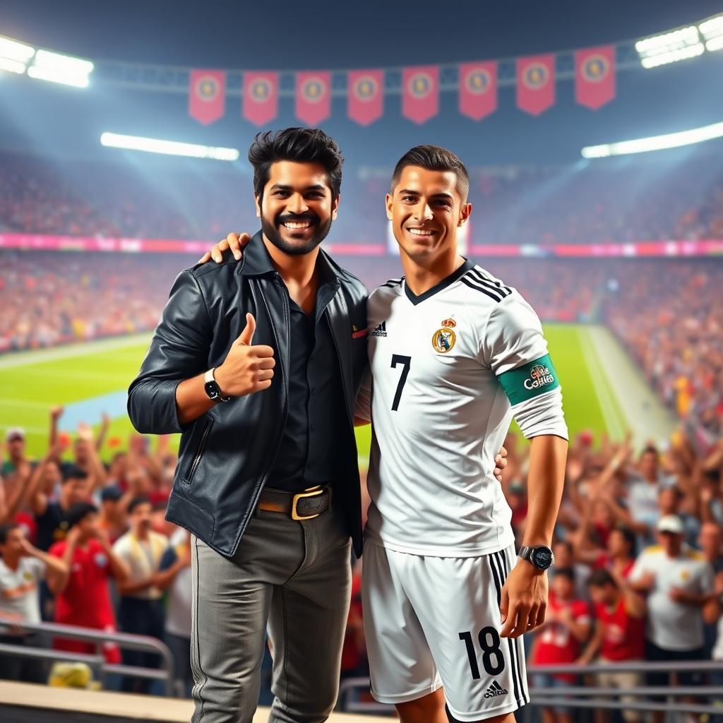 A vibrant and dynamic scene featuring Indian actor Allu Arjun and Portuguese football superstar Cristiano Ronaldo posing together in an energetic fashion
