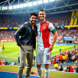 A vibrant and dynamic scene featuring Indian actor Allu Arjun and Portuguese football superstar Cristiano Ronaldo posing together in an energetic fashion