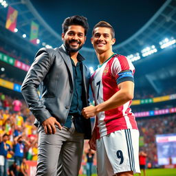 A vibrant and dynamic scene featuring Indian actor Allu Arjun and Portuguese football superstar Cristiano Ronaldo posing together in an energetic fashion