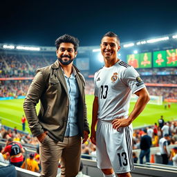 A vibrant and dynamic scene featuring Indian actor Allu Arjun and Portuguese football superstar Cristiano Ronaldo posing together in an energetic fashion
