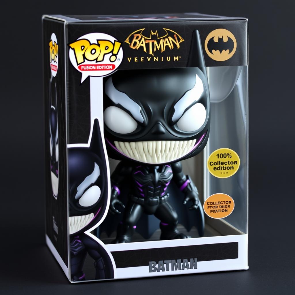 Design a Funko Pop figure of a Venomised Batman featuring a sleek black symbiote suit, large white expressive eyes, and sharp teeth that showcase a menacing grin