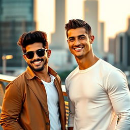 A celebrity photo featuring Allu Arjun and Cristiano Ronaldo standing together, smiling in a stylish urban setting