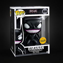 Design a Funko Pop figure of a Venomised Batman featuring a sleek black symbiote suit, large white expressive eyes, and sharp teeth that showcase a menacing grin