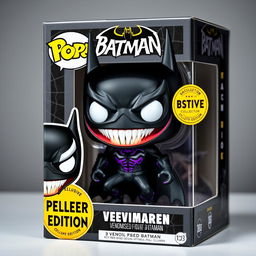 Design a Funko Pop figure of a Venomised Batman featuring a sleek black symbiote suit, large white expressive eyes, and sharp teeth that showcase a menacing grin