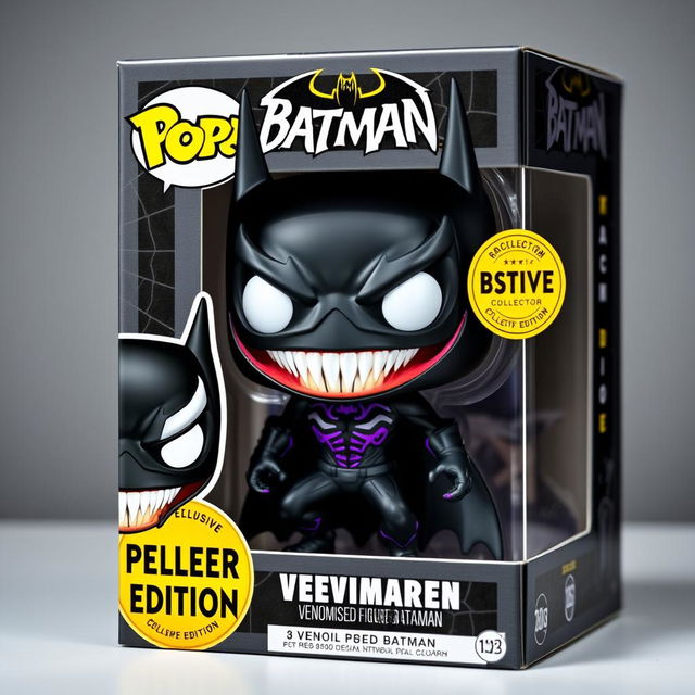 Design a Funko Pop figure of a Venomised Batman featuring a sleek black symbiote suit, large white expressive eyes, and sharp teeth that showcase a menacing grin
