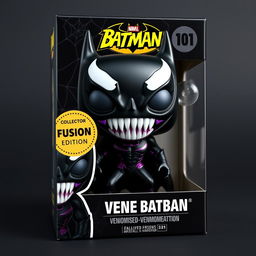 Design a Funko Pop figure of a Venomised Batman featuring a sleek black symbiote suit, large white expressive eyes, and sharp teeth that showcase a menacing grin