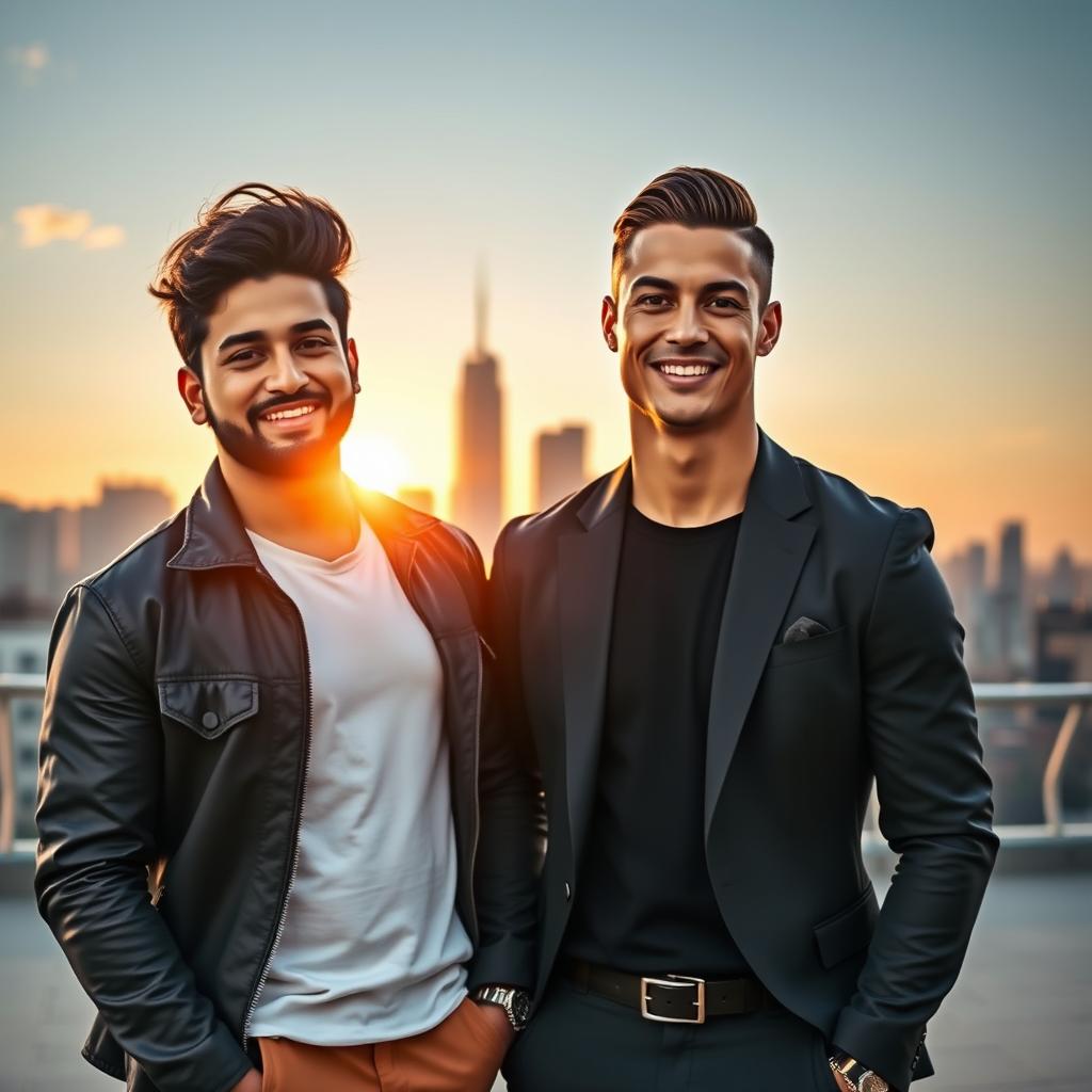 A celebrity photo featuring Allu Arjun and Cristiano Ronaldo standing together, smiling in a stylish urban setting