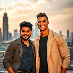 A celebrity photo featuring Allu Arjun and Cristiano Ronaldo standing together, smiling in a stylish urban setting