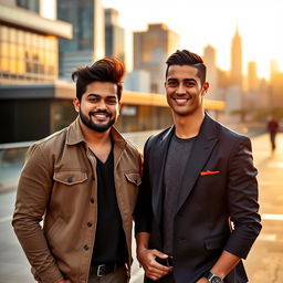 A celebrity photo featuring Allu Arjun and Cristiano Ronaldo standing together, smiling in a stylish urban setting