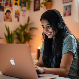 An Indian girl intently editing a video on her laptop, showcasing her creativity and focus