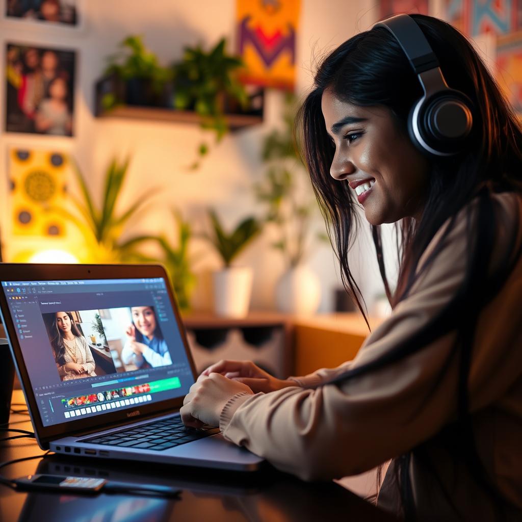 An Indian girl intently editing a video on her laptop, showcasing her creativity and focus