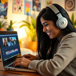 An Indian girl intently editing a video on her laptop, showcasing her creativity and focus