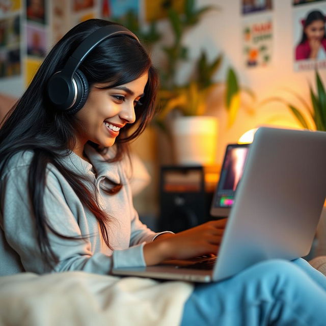 An Indian girl intently editing a video on her laptop, showcasing her creativity and focus