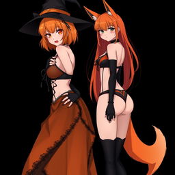 A sexy gothic anime witch girl with shoulder-length orange hair and thick red lips, wearing a stylish witches hat
