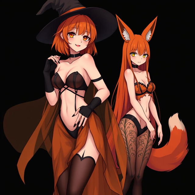 A sexy gothic anime witch girl with shoulder-length orange hair and thick red lips, wearing a stylish witches hat