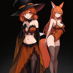 A sexy gothic anime witch girl with shoulder-length orange hair and thick red lips, wearing a stylish witches hat