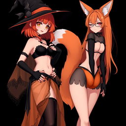 A sexy gothic anime witch girl with shoulder-length orange hair and thick red lips, wearing a stylish witches hat