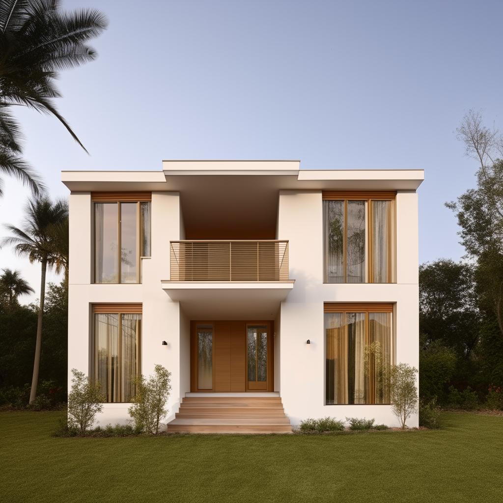 A simple two-story house with four windows on the front elevation. The architectural design should be neat and appealing.