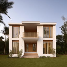 A simple two-story house with four windows on the front elevation. The architectural design should be neat and appealing.