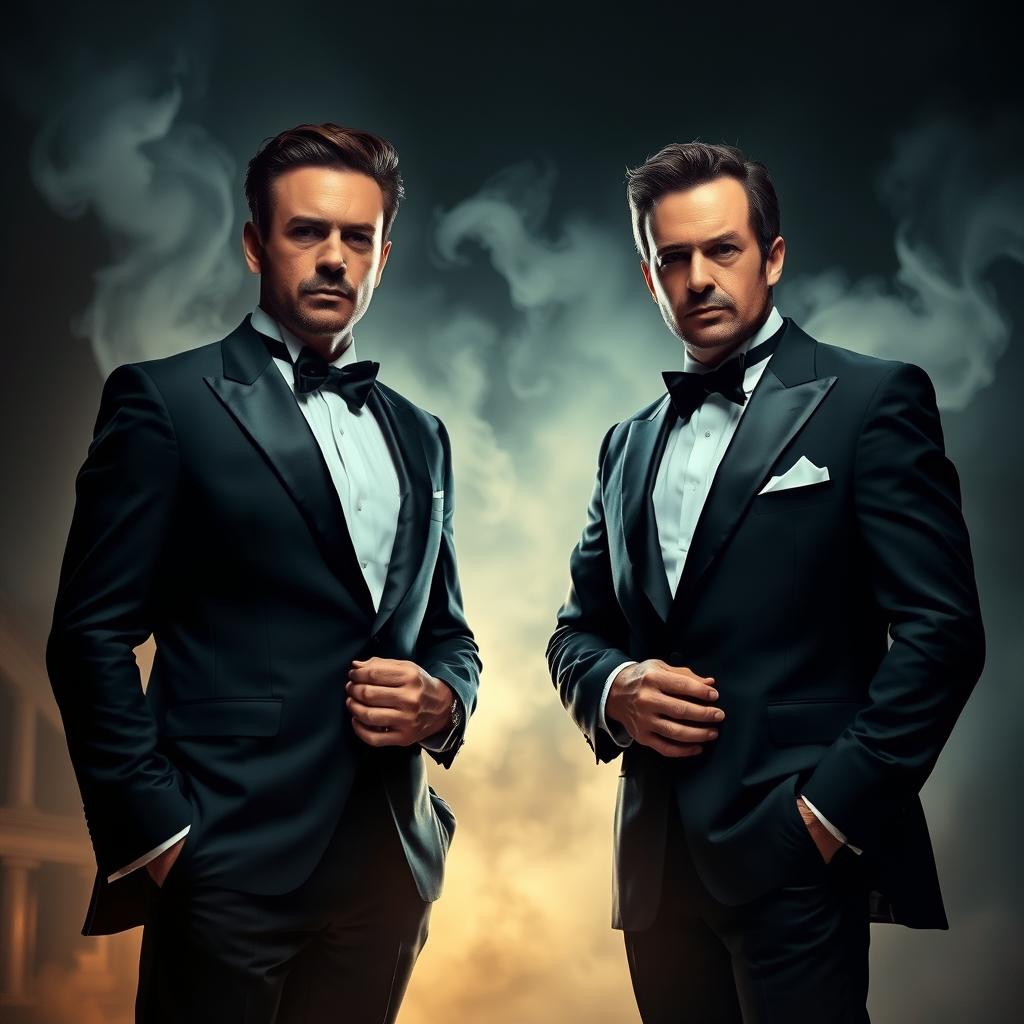 Two men dressed in elegant black and white suits, standing together with a strange and mysterious background that suggests an enigmatic atmosphere