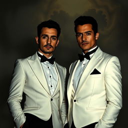 Two men dressed in elegant black and white suits, standing together with a strange and mysterious background that suggests an enigmatic atmosphere