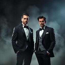 Two men dressed in elegant black and white suits, standing together with a strange and mysterious background that suggests an enigmatic atmosphere