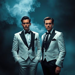 Two men dressed in elegant black and white suits, standing together with a strange and mysterious background that suggests an enigmatic atmosphere