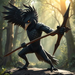 A fierce kenku warrior wielding a glaive, poised in a dynamic fighting stance