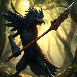 A fierce kenku warrior wielding a glaive, poised in a dynamic fighting stance