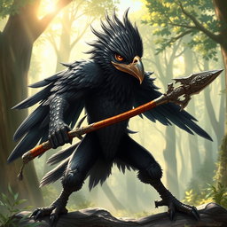 A fierce kenku warrior wielding a glaive, poised in a dynamic fighting stance