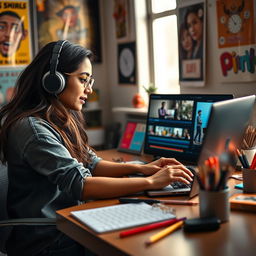 An Indian girl focused on creating a video edit on her laptop