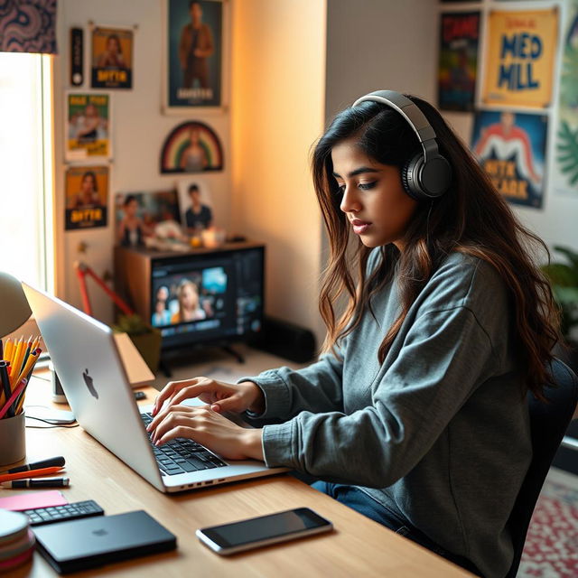 An Indian girl focused on creating a video edit on her laptop