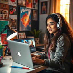 An Indian girl focused on creating a video edit on her laptop