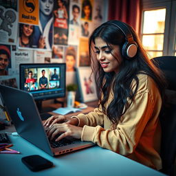 An Indian girl focused on creating a video edit on her laptop