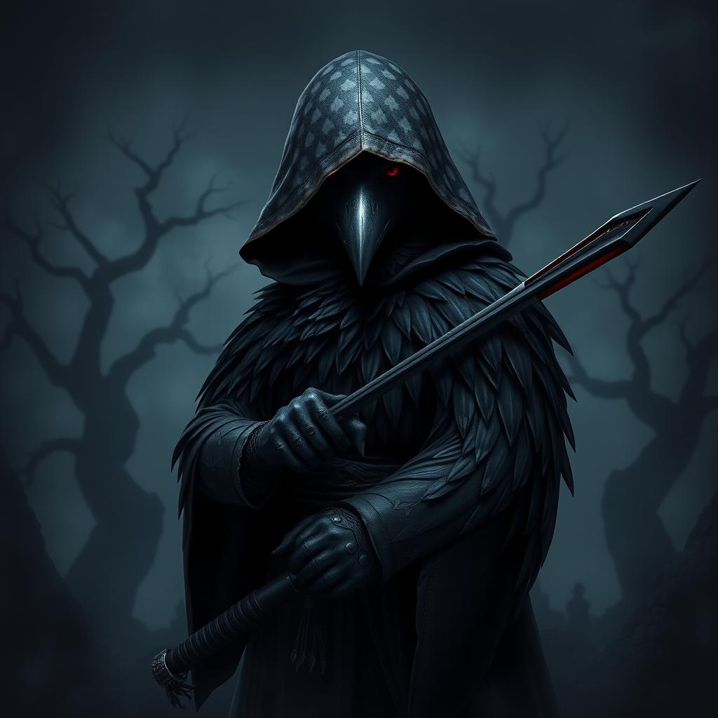 A dark kenku samurai wearing a tattered hood, partially obscuring its sleek black feathers with subtle grey patterns