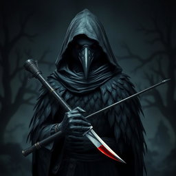 A dark kenku samurai wearing a tattered hood, partially obscuring its sleek black feathers with subtle grey patterns