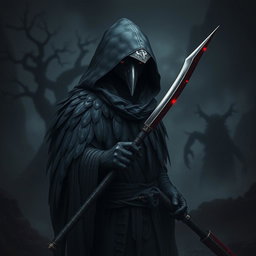 A dark kenku samurai wearing a tattered hood, partially obscuring its sleek black feathers with subtle grey patterns