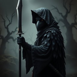 A dark kenku samurai wearing a tattered hood, partially obscuring its sleek black feathers with subtle grey patterns