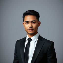 A half-body ID portrait of a person dressed in elegant black formal attire, featuring a tailored black suit, crisp white dress shirt, and a sleek black tie