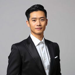 A half-body ID portrait of a person dressed in elegant black formal attire, featuring a tailored black suit, crisp white dress shirt, and a sleek black tie