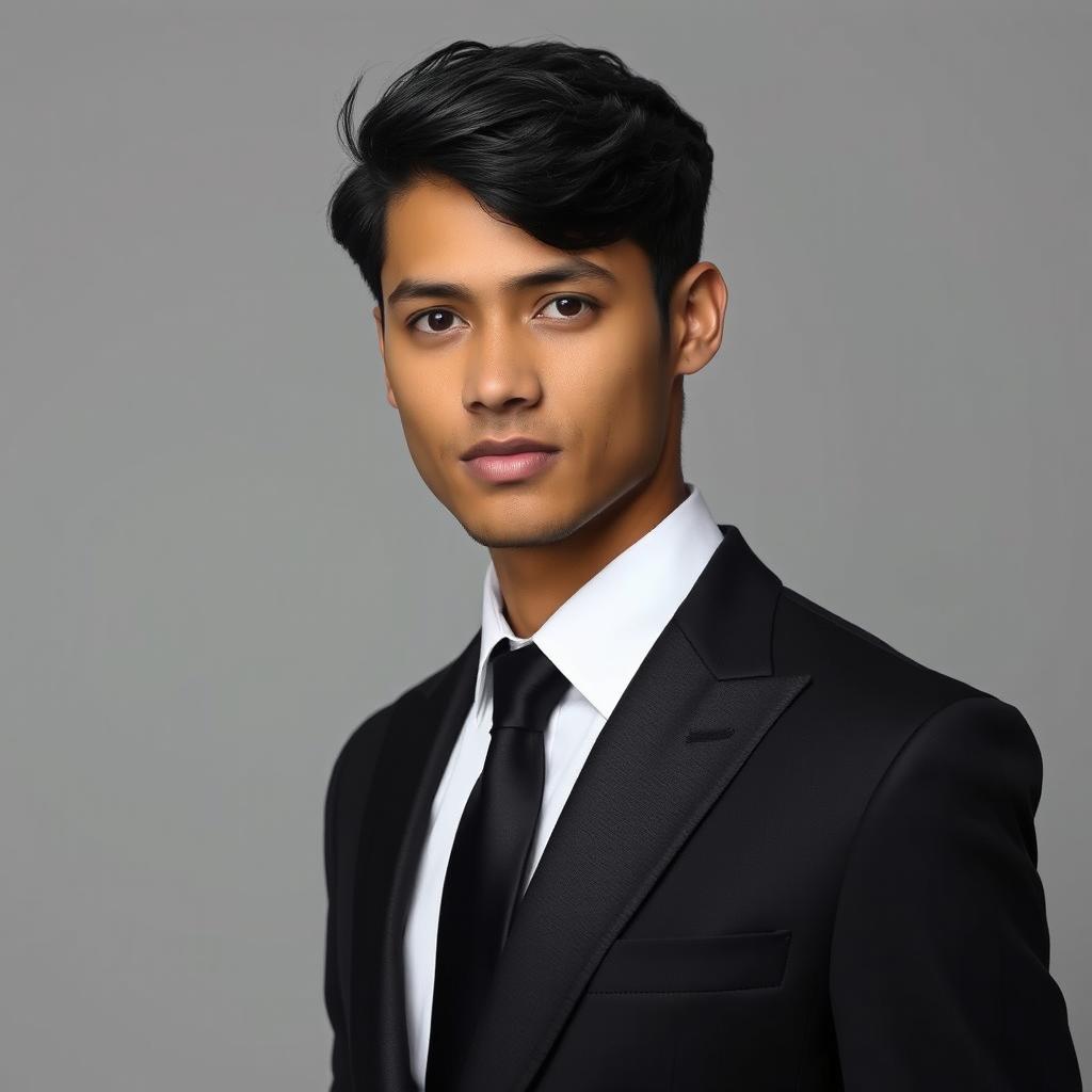 A half-body ID portrait of a person dressed in elegant black formal attire, featuring a tailored black suit, crisp white dress shirt, and a sleek black tie