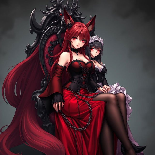 A sexy gothic anime Kitsune girl with long, silky red hair cascading to her lower back, styled in an elegant bun